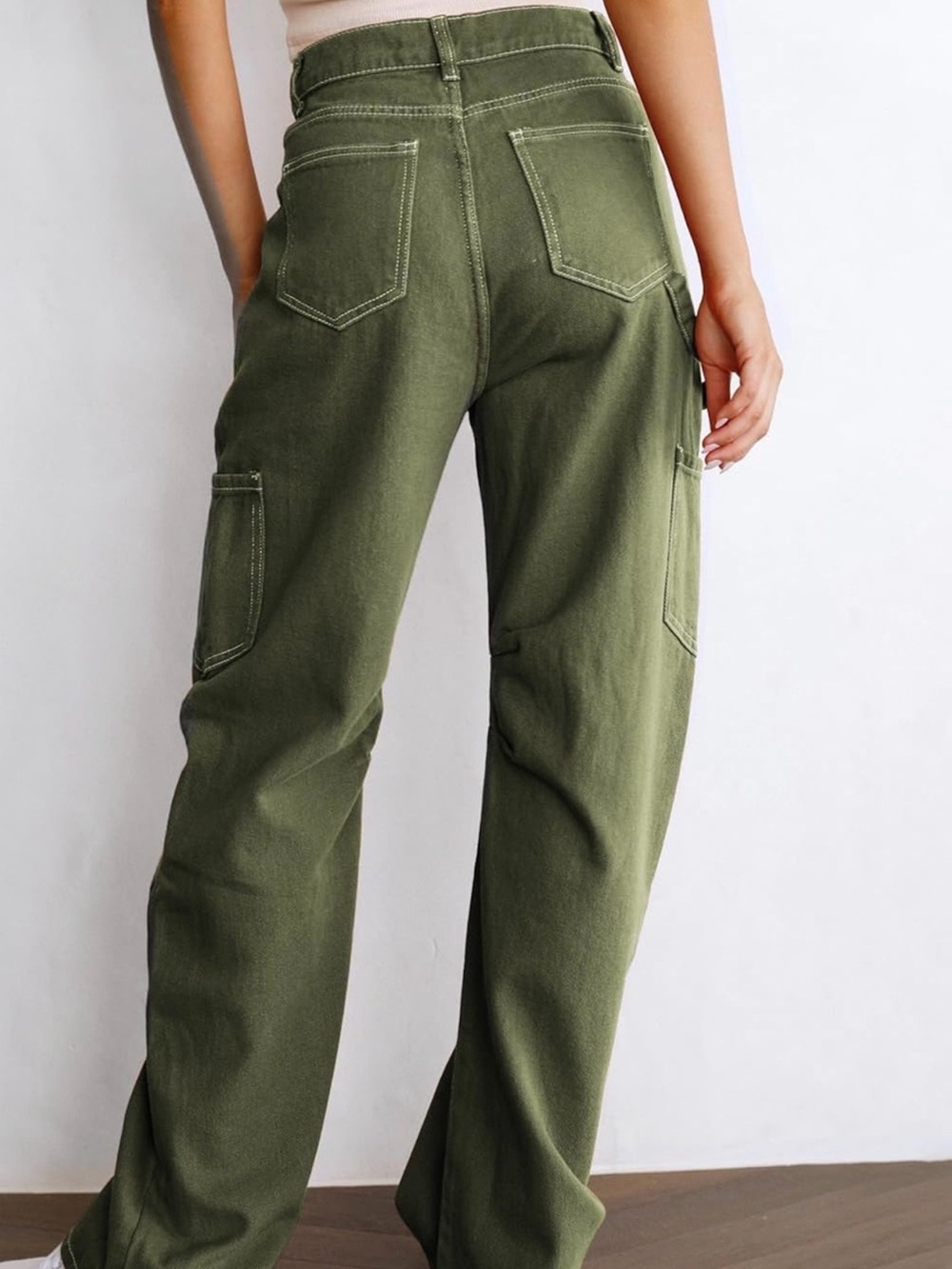 NWT DOKOTOO Sz 14 Olive Carpenter Utility Cargo High Waist White Stitch Stretch - Picture 3 of 16